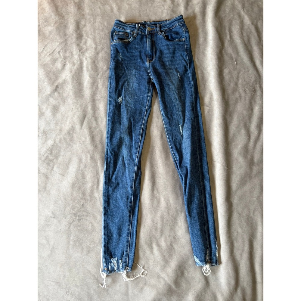 Dark Wash Distressed High Waisted Skinny Jeans Raw Hem Size 36